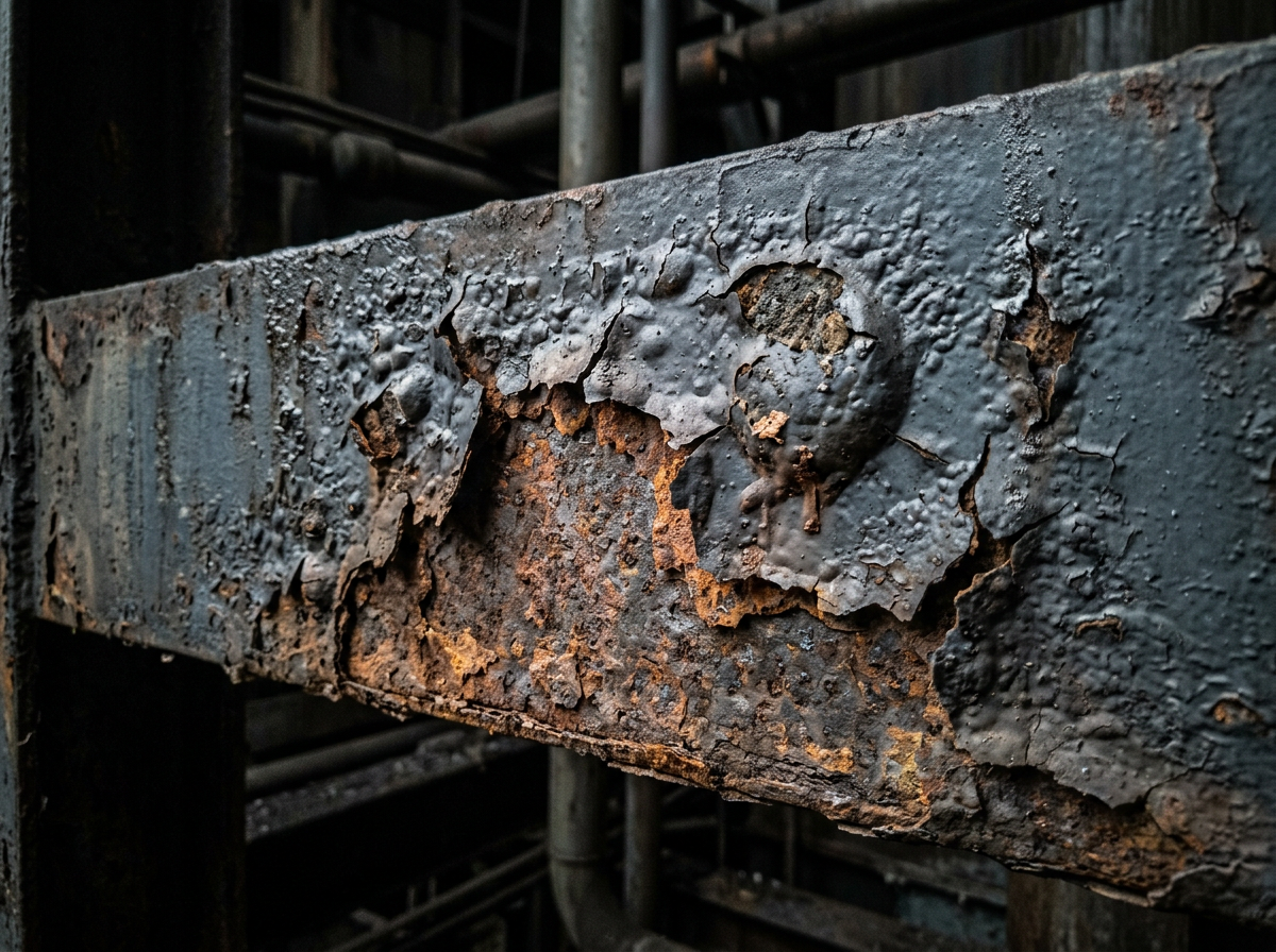 Protective coating bubbling and peeling away from corroded steel underneath