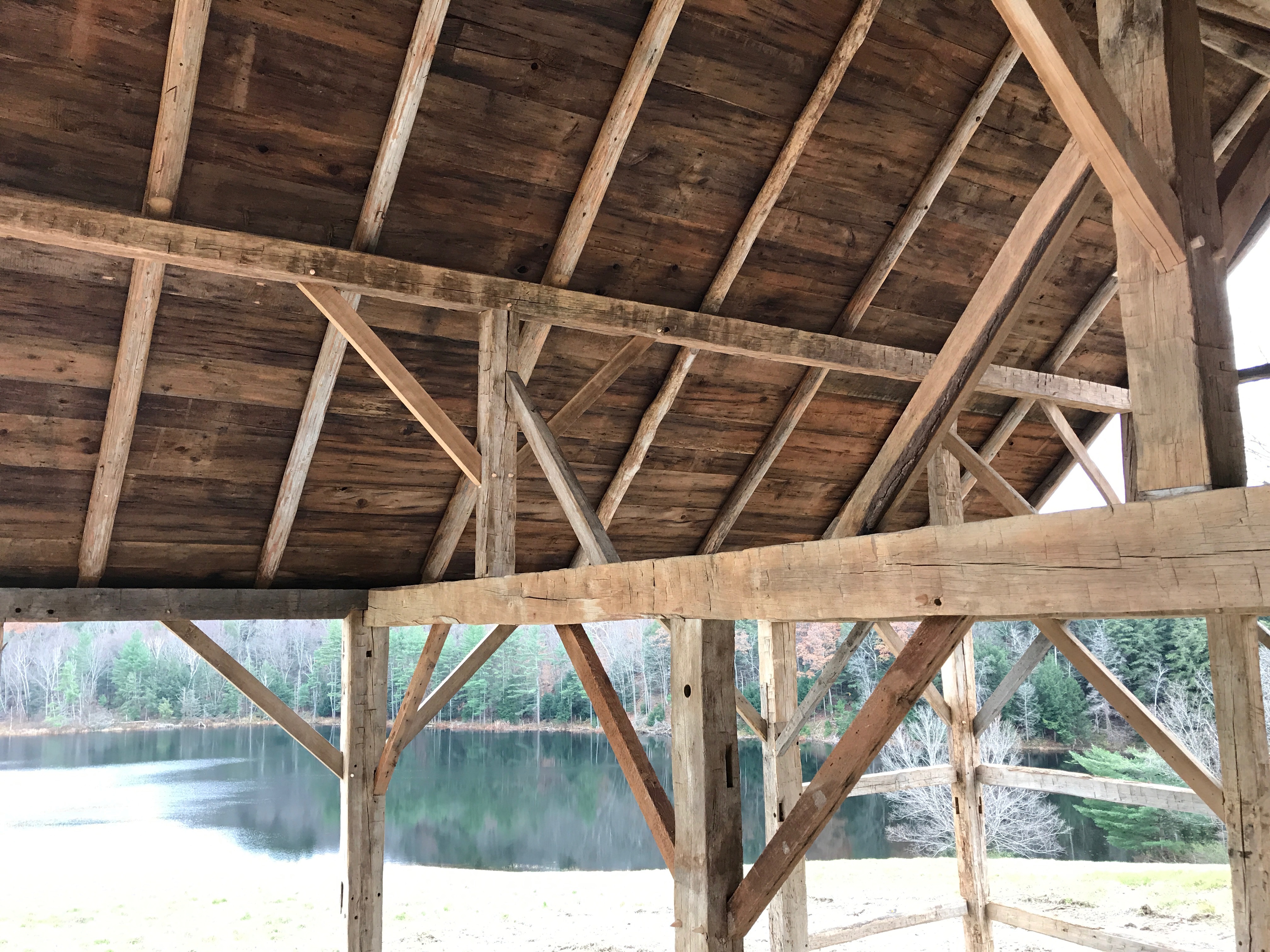 Exposed timber beams and frame of a residential structure