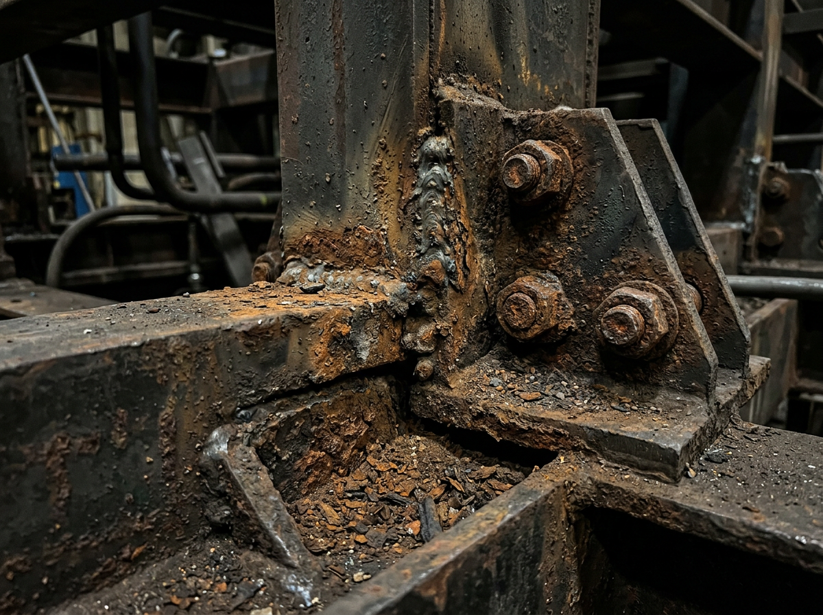 Corrosion accumulating around welds, bolts and tight corners of a complex steel assembly
